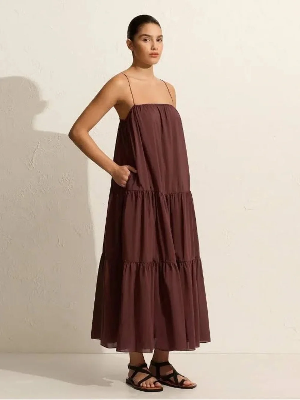 Matteau Burgundy Tiered Maxi Dress with Spaghetti Straps - Picture 2 of 5